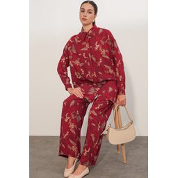 طقم نسائي قطعتين بنقشة قميص وبنطلون واسع - 30098 - خمري Women's Patterned Oversize Shirt & Pants Two-Piece Set - 30098 - Burgundy