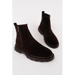 Muggo CHELSEY حذاء بوت رجالي شتوي جلد طبيعي بسحاب مزدوج - بني - شمواه Muggo CHELSEY Men's Genuine Leather Double Zipper Winter Boots - Brown - Suede