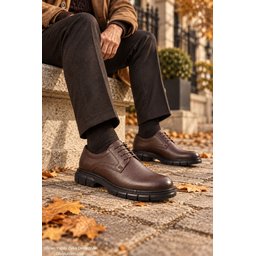 حذاء رجالي Muggo ORBA كاجوال كلاسيكي جلد طبيعي برباط ونعل سميك - بني Muggo ORBA Men's Genuine Leather Lace-Up Thick Sole Classic Casual Shoes - Brown