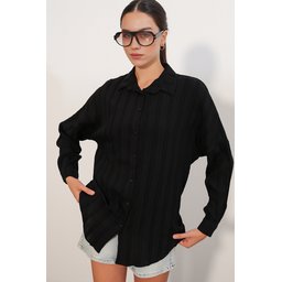قميص نسائي مخطط واسع 20408 - أسود Women's Striped Oversize Shirt 20408 - Black