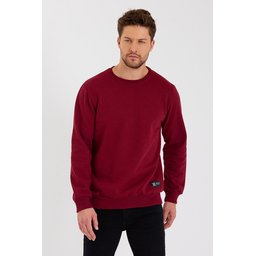 سويتشيرت رجالي بياقة دائرية وتفاصيل ملصق، مبطن بالقطن - BORDO Men's Crew Neck Cotton Lined Sweatshirt with Label Detail - BORDO