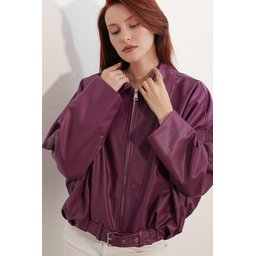 جاكيت نسائي جلد بحزام 1056 - لون بنفسجي داكن Women's Belt Detail Leather Jacket 1056 - Plum