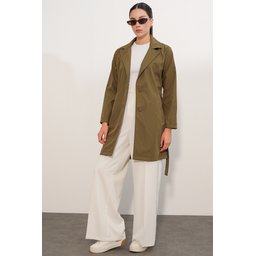 ترنشكوت نسائي قصير بحزام 5990 - كاكي Women's Belted Short Trench Coat 5990 - Khaki