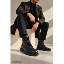 بوت رجالي Muggo DIARA شتوي جلد طبيعي برباط وسحاب - أسود Muggo DIARA Men's Genuine Leather Lace-Up & Zipper Winter Boots - Black