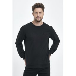 سويت شيرت رجالي أسود بقصة عادية وياقة دائرية وتطريز Men's Black Regular Fit Crew Neck Sweatshirt with Embroidery Detail