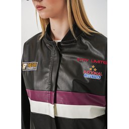 جاكيت بومبر 0698 من الجلد الصناعي المطبوع - خمري 0698 Printed Faux Leather Bomber Jacket - Burgundy