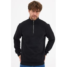 سويتشيرت رجالي أسود بياقة قائمة ونصف سحاب، قصة عادية من القطن المخلوط Men's Black Standard Fit Cotton Blend Half-Zip Stand-Up Collar Sweatshirt