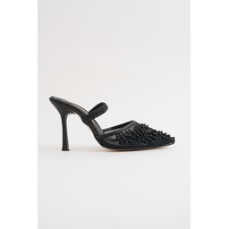 Muggo PEARLY حذاء نسائي بكعب رفيع مدبب مزين بالخرز والشبك - أسود Muggo PEARLY Women's Pointed-Toe Beaded Mesh Stiletto Mules - Black
