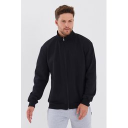 جاكيت رجالي أسود بياقة قائمة وسحاب وجيوب جانبية مبطن بالقطن Men's Black Cotton-Lined Stand-Up Collar Zippered Cardigan with Side Pockets