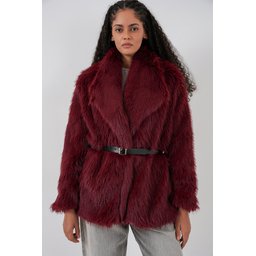 معطف نسائي أوفرسايز فرو بحزام 9156 - خمري Women's Oversize Faux Fur Coat with Belt 9156 - Burgundy