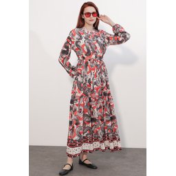 فستان نسائي طويل محتشم بنقشة 2586 - نار Women's Patterned Long Modest Dress 2586 - Nar