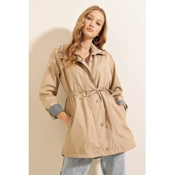 ترنشكوت بيج برباط خصر 10322 10322 Beige Trench Coat with Drawstring Waist