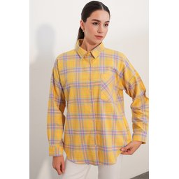 قميص نسائي 3854 كاروهات بجيبين - خردلي 3854 Women's Plaid Double Pocket Oversize Shirt - Mustard