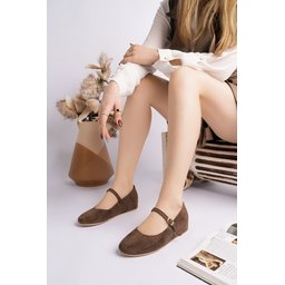 Muggo BERNY حذاء باليه نسائي جلد بحزام واحد بكعب مخفي - بني Muggo BERNY Women's Leather Single Strap Ballet Flats with Hidden Heel - Brown