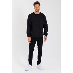 سويت شيرت رجالي أسود بياقة دائرية وتفاصيل ملصق، مبطن بالقطن Men's Crew Neck Sweatshirt with Label Detail, Cotton Lined - Black