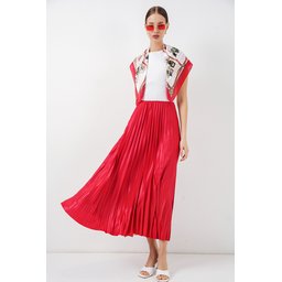 تنورة بليسيه 8009 بمظهر جلدي - أحمر 8009 Pleated Skirt with Leather Look - Red