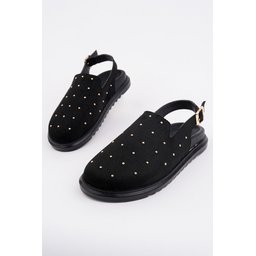 صندل نسائي MUGGO LILOW أسود من الجلد السويدي بمسامير ذهبية وإبزيم قابل للتعديل MUGGO LILOW Suede Leather Gold Studded Adjustable Buckle Casual Closed Women's Sandals - Black
