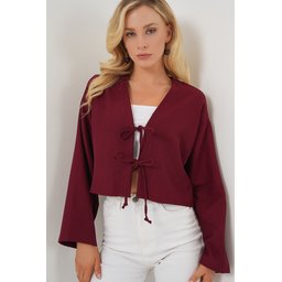 كيمونو كتان برباط أمامي 960 - خمري Front Tie Linen Kimono 960 - Burgundy