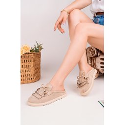 Muggo FRİNGE حذاء لوفر نسائي مريح من جلد الشمواه بتفاصيل فيونكة وشرابة - بيج Muggo FRİNGE Women's Suede Leather Bow Tassel Loafer Slippers - Beige