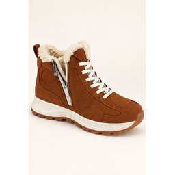 حذاء سنيكرز نسائي شتوي NORTEX من Muggo، مبطن بالفرو، برباط وسحاب، نعل سميك - تان Muggo NORTEX Women's Winter Fur-Lined Sneaker Boots with Zipper & Laces - Tan