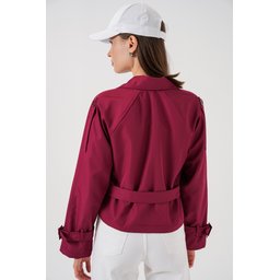 ترنشكوت نسائي قصير بحزام 5970 - خمري Women's Belted Short Trench Coat 5970 - Burgundy