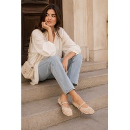 حذاء باليه نسائي Muggo LACE بتفاصيل شبكية وخرز - بيج Muggo LACE Women's Mesh Detailed Beaded Strap Ballet Flats - Beige