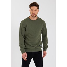 سويت شيرت رجالي بياقة دائرية وتفاصيل ملصق، مبطن بالقطن - كاكي Men's Crew Neck Cotton Lined Sweatshirt with Label Detail - Khaki