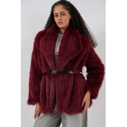 معطف نسائي أوفرسايز فرو بحزام 9156 - خمري Women's Oversize Faux Fur Coat with Belt 9156 - Burgundy