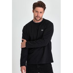 سويت شيرت رجالي أسود بياقة دائرية مزدوجة وتفاصيل طباعة، قصة مريحة Men's Black Double Crew Neck Printed Detail Standard Relaxed Fit Sweatshirt