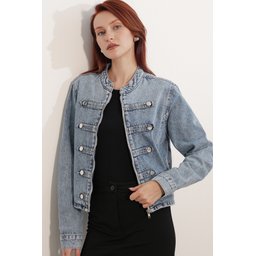جاكيت جينز نسائي 0771 بأزرار - أزرق Women's Button-Detailed Denim Jacket 0771 - Blue