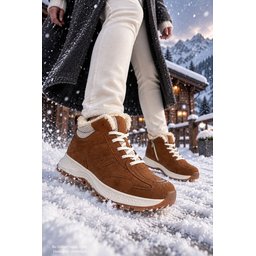 حذاء سنيكرز نسائي شتوي NORTEX من Muggo، مبطن بالفرو، برباط وسحاب، نعل سميك - تان Muggo NORTEX Women's Winter Fur-Lined Sneaker Boots with Zipper & Laces - Tan