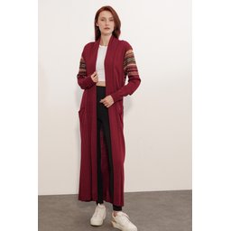 جاكيت كارديجان تريكو طويل 15690 - خمري 15690 Long Knitted Cardigan - A.Bordo