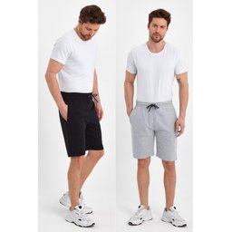 شورت رجالي مريح بقصة عادية مع جيوب جانبية - عبوة من قطعتين أسود ورمادي Men's Regular Fit Side Pocket Shorts - 2-Pack Black & Grey