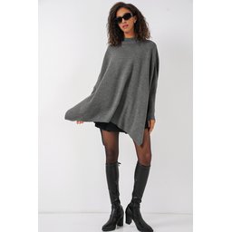 15783 بونشو تريكو فضفاض بفتحات جانبية - رمادي غامق 15783 Oversize Slit Poncho Knit Sweater - Dark Grey