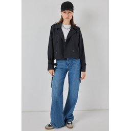 ترنشكوت نسائي قصير بحزام 5970 - أسود Women's Belted Short Trench Coat 5970 - Black