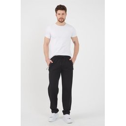 بنطلون رياضي رجالي أسود بقصة مريحة مع جيوب بسحاب وتطريز Men's Black Regular Fit Sweatpants with Zipper Pockets and Embroidery Detail