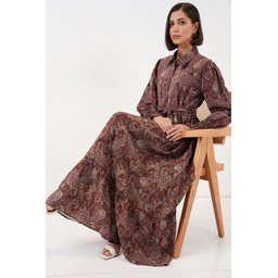 فستان نسائي محتشم بحزام 2589 - بني Women's Belted Modest Dress 2589 - Brown