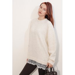 كنزة نسائية تريكو فضفاضة بتفاصيل تول 15968 - كريم Women's Oversize Knit Sweater with Tulle Detail 15968 - Cream