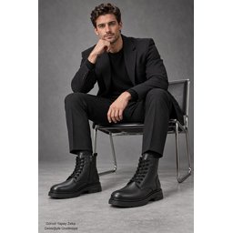 بوت رجالي Muggo DIARA شتوي جلد طبيعي برباط وسحاب - أسود Muggo DIARA Men's Genuine Leather Lace-Up & Zipper Winter Boots - Black