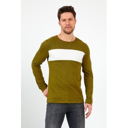 سويت شيرت هاكي للجنسين بقصة عادية وياقة دائرية وأكمام طويلة مع شريط Khaki Unisex Regular Fit Crew Neck Long Sleeve Striped Sweatshirt