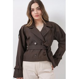 ترنشكوت نسائي قصير بحزام 5970 - بني غامق Women's Belted Short Trench Coat 5970 - Dark Brown