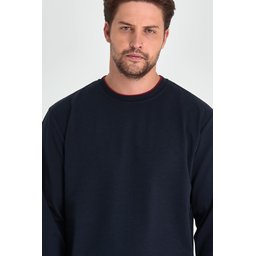 سويت شيرت رجالي كحلي بياقة دائرية مزدوجة وقصة مريحة Men's Navy Double Crew Neck Standard Relaxed Fit Sweatshirt