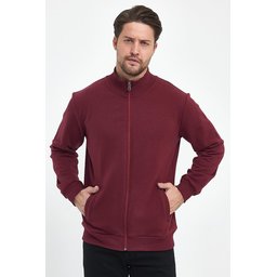 جاكيت رجالي بورجوندي بسحاب وياقة قائمة وجيوب جانبية مبطن بالقطن Men's Burgundy Cotton-Lined Zippered Stand-Collar Cardigan with Side Pockets