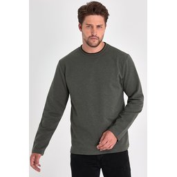 سويت شيرت رجالي خاكي بياقة دائرية مزدوجة وقصة مريحة Men's Khaki Double Crew Neck Standard Relaxed Fit Sweatshirt