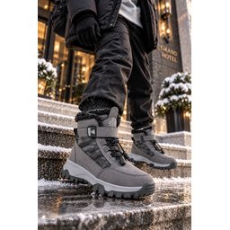 حذاء ثلج للأطفال Muggo TUNDY للجنسين مبطن بالفرو مع فيلكرو وأربطة - رمادي Muggo TUNDY Unisex Kids' Fur-Lined Snow Boot with Hook-and-Loop and Laces - Grey