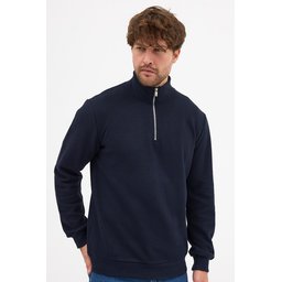 سويت شيرت رجالي كحلي بياقة واقفة وسحاب نصفي، قصة عادية من القطن Men's Navy Standard Fit Half-Zip Stand-Up Collar Cotton Sweatshirt