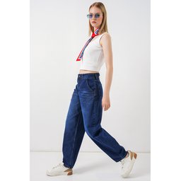 6689 بنطلون جينز نسائي بخصر عالٍ وقصة باجي - كحلي 6689 Women's High-Waist Baggy Jeans - Navy Blue