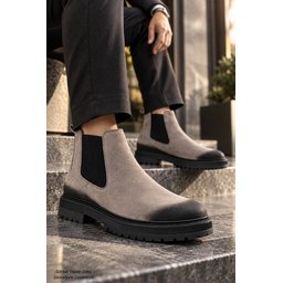 بوت تشيلسي رجالي Muggo BRAWN جلد طبيعي عتيق بنعل سميك - رملي Muggo BRAWN Men's Genuine Leather Vintage Toe Elastic Thick Sole Chelsea Boots - Sand