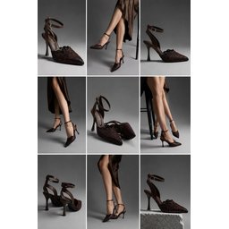 حذاء نسائي MUGGO FRESCO بكعب رفيع وتفاصيل دانتيل مطرزة ورباط كاحل - بني MUGGO FRESCO Women's Thin Heel Shoes with Lace Embroidery Detail and Ankle Strap - Brown