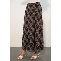 تنورة نسائية مبطنة بنقوش 8075 - بني داكن Women's Patterned Lined Skirt 8075 - Dark Brown